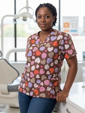 Comfy Cotton Brown W/ Heart Print Scrub Top